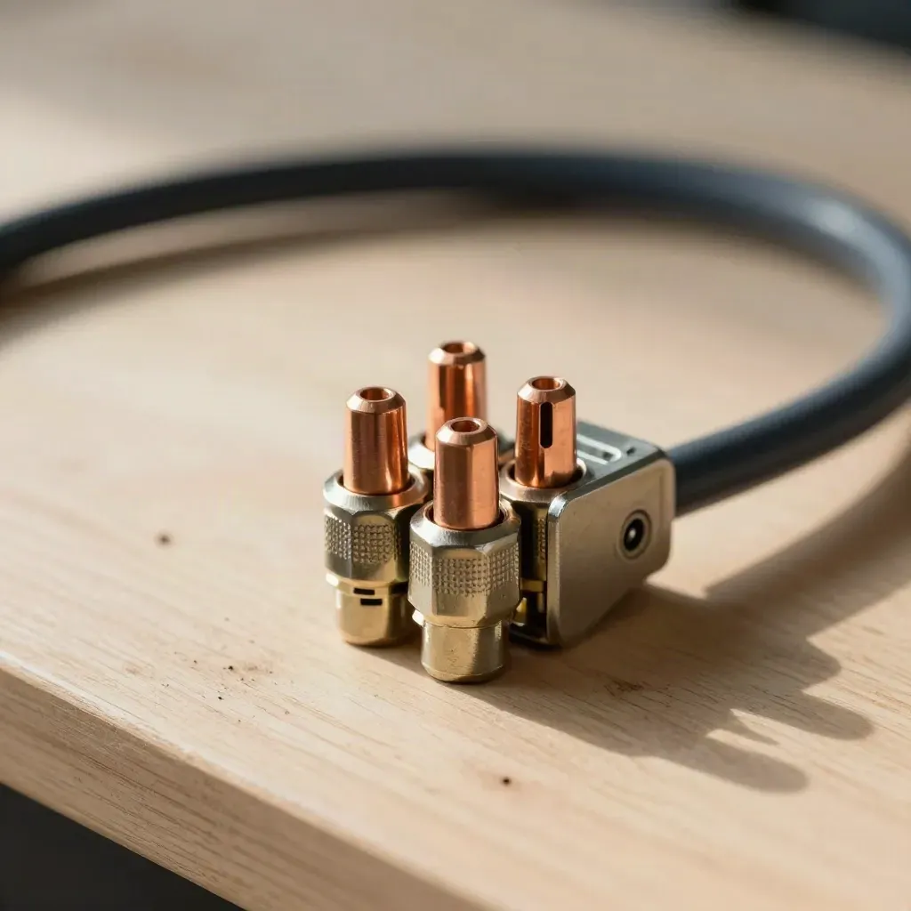 Anodized cable ferrules, junction-box corner, copper terminals, and a coiled service cable on pale wood.