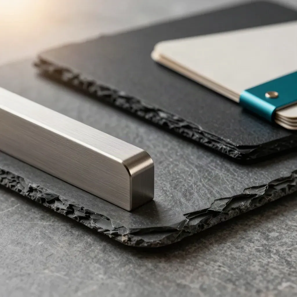 Architectural material samples fanned on stone with teal accent and dark space