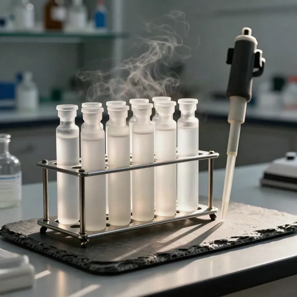 Frosted lab vials in a stainless rack beside a pipette stand on slate with cold vapor.