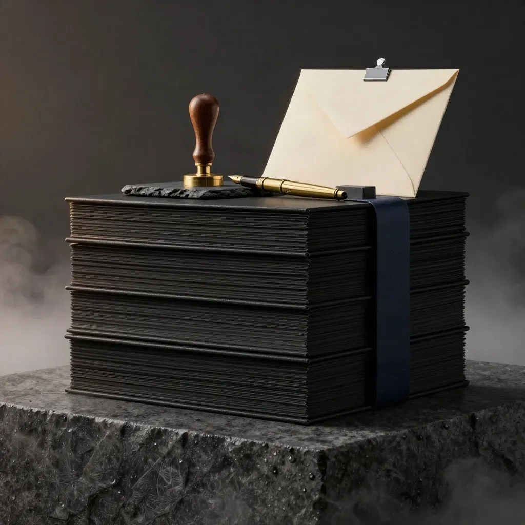 Black folios, brass pen, seal stamp, and envelopes on a charcoal stone plinth at dawn