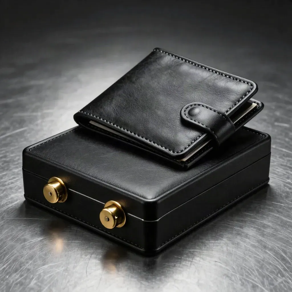 Matte black ledger box, brass weights, and leather portfolio on brushed metal, top-down close crop