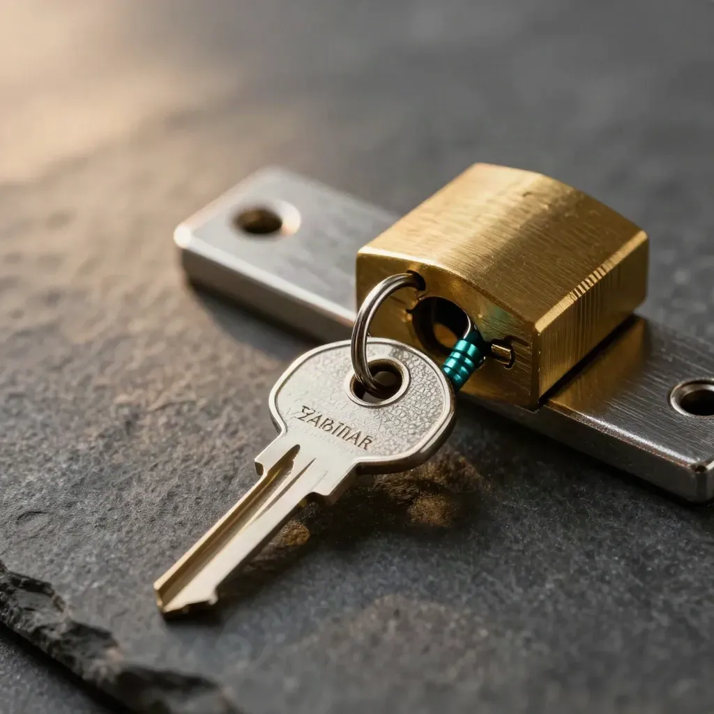 Brass lock hardware and cut keys on dark stone with a teal accent.