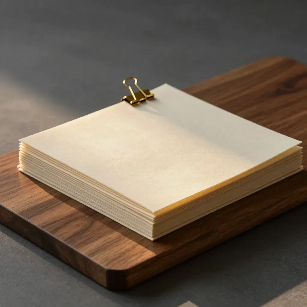 Archival sleeves with brass clips and tab markers on a walnut-toned surface.