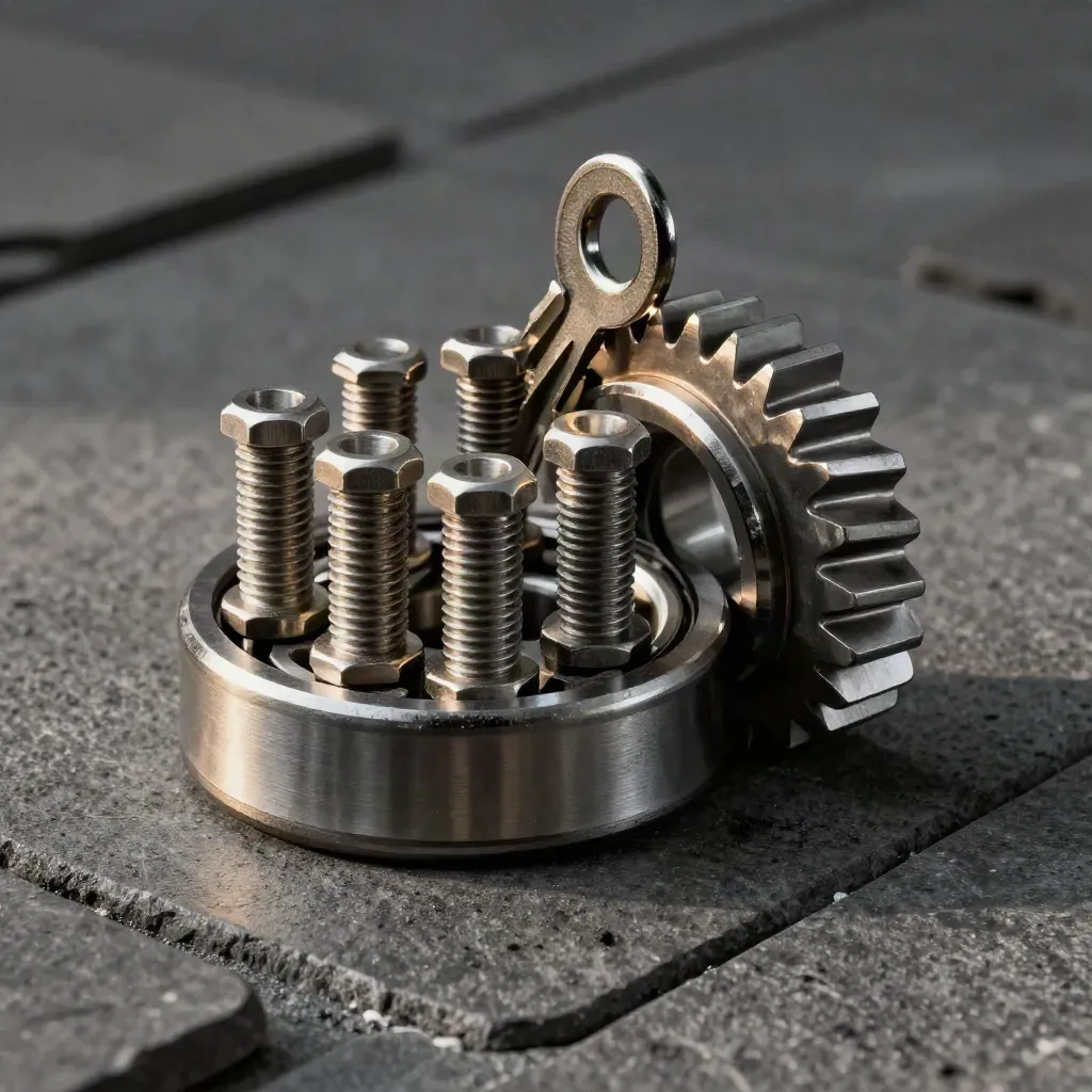 Machined bearing race, hex bolts, and a steel gear segment on charcoal concrete, lit dramatically.