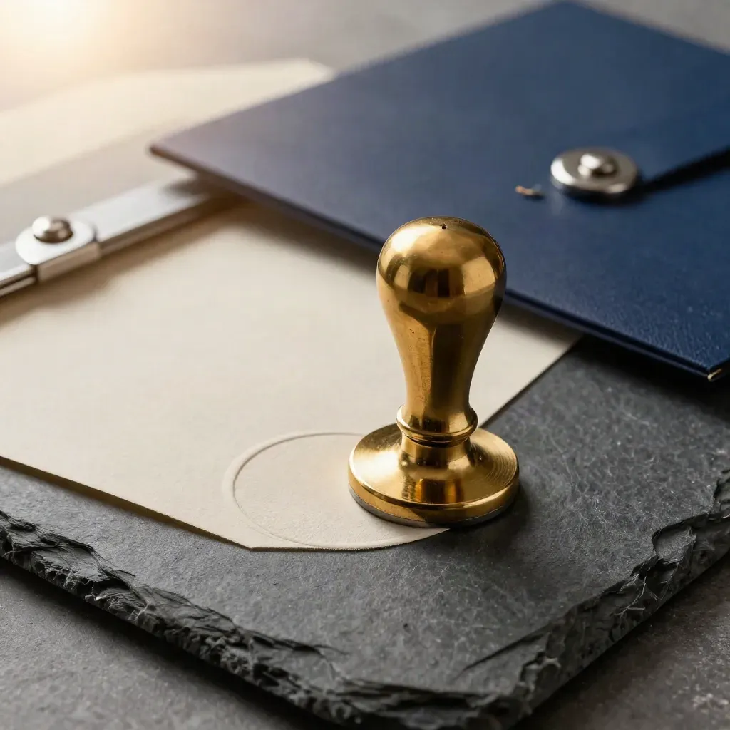Brass embosser, embossed seal, and file pouch on graphite stone