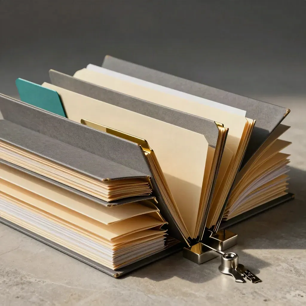 Stacked file folders fanned into review lanes with brass clips and teal accents.