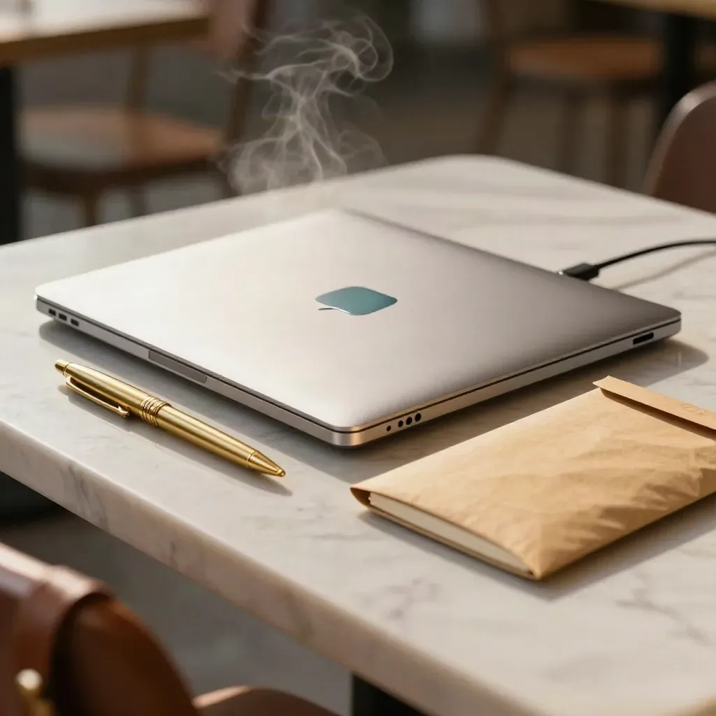 Laptop, pen, notebook, USB-C hub and mailer envelope on marble with café steam