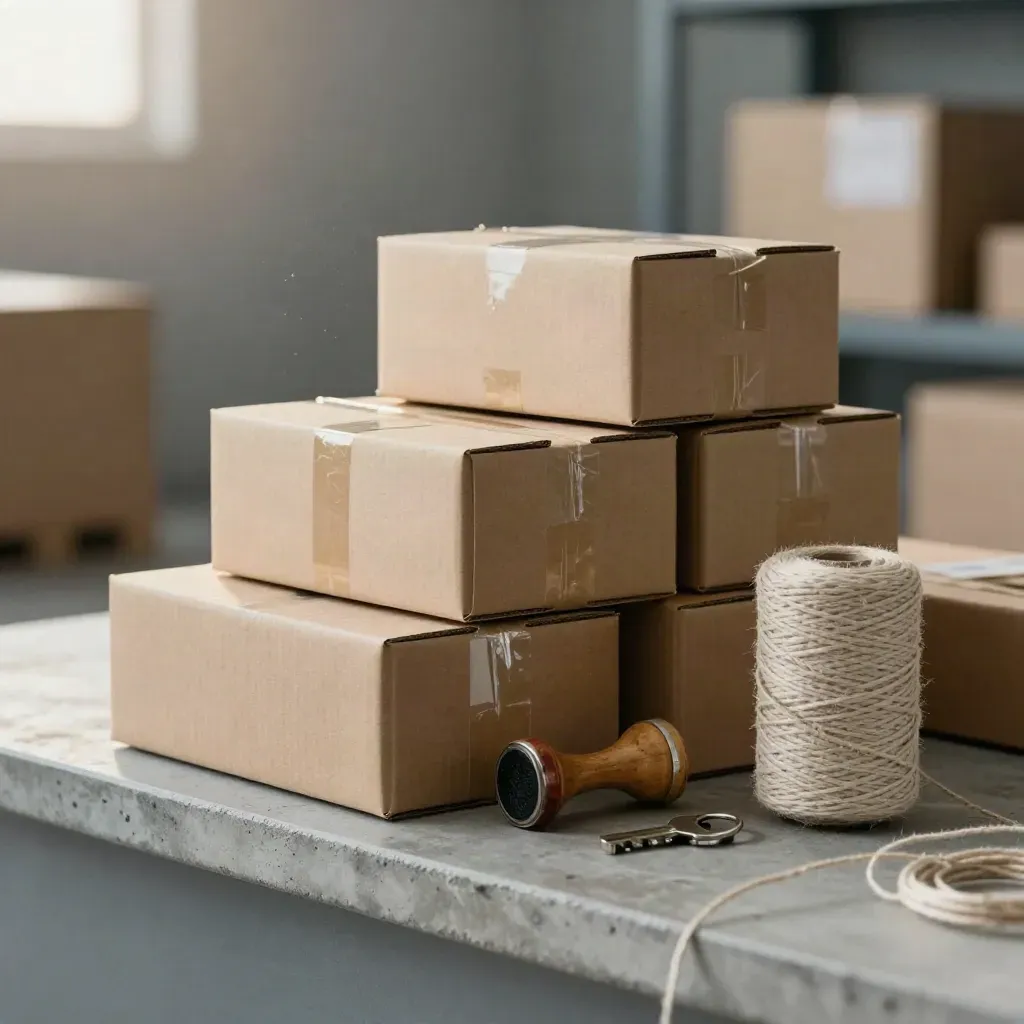 Cartons, twine, stamp and key on a dispatch counter with dust and soft daylight.