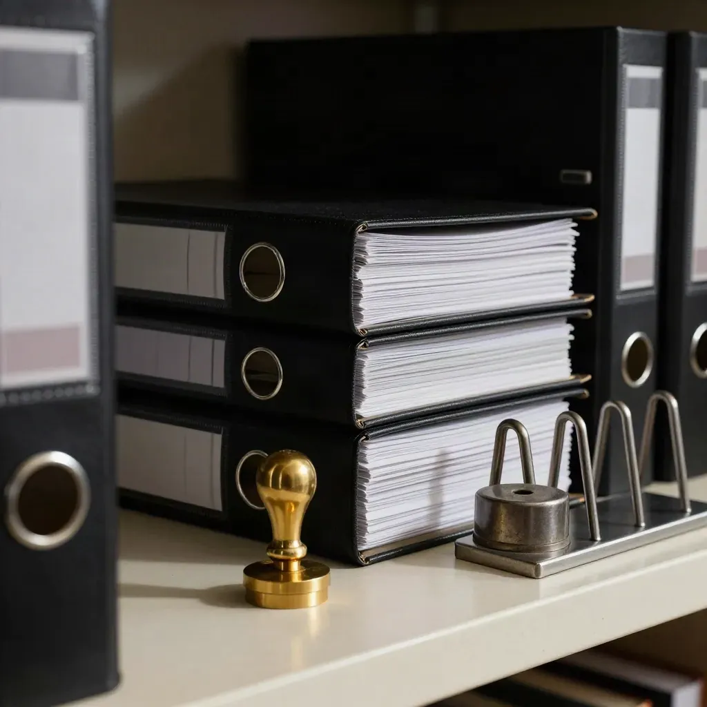Black legal binders, brass seal stamp, metal paperweight, and archival clip rail on stone