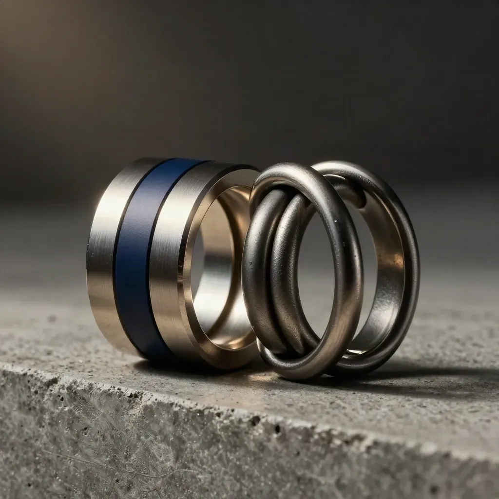 Machined rings, connector block, and cable loop linked on concrete under dramatic studio light.