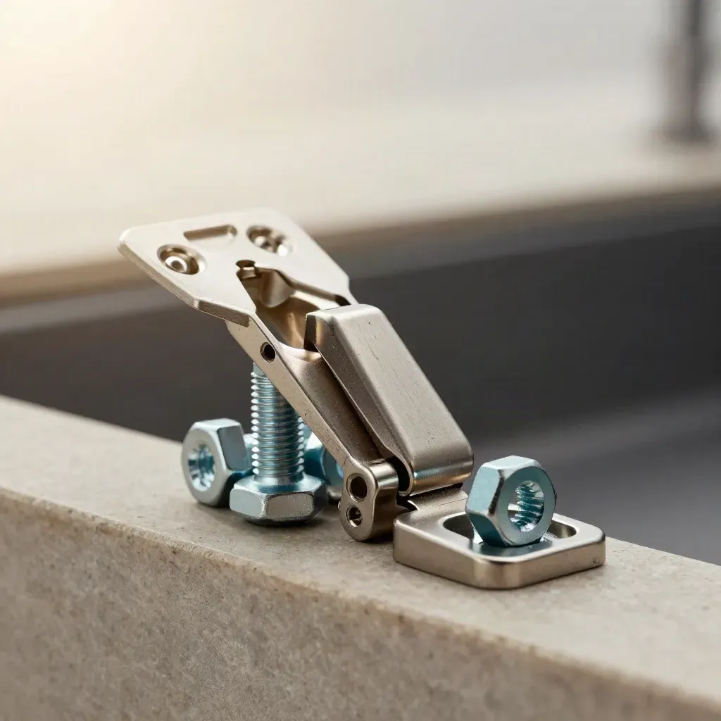 Macro of metal fasteners and nested brackets on limestone with a teal accent