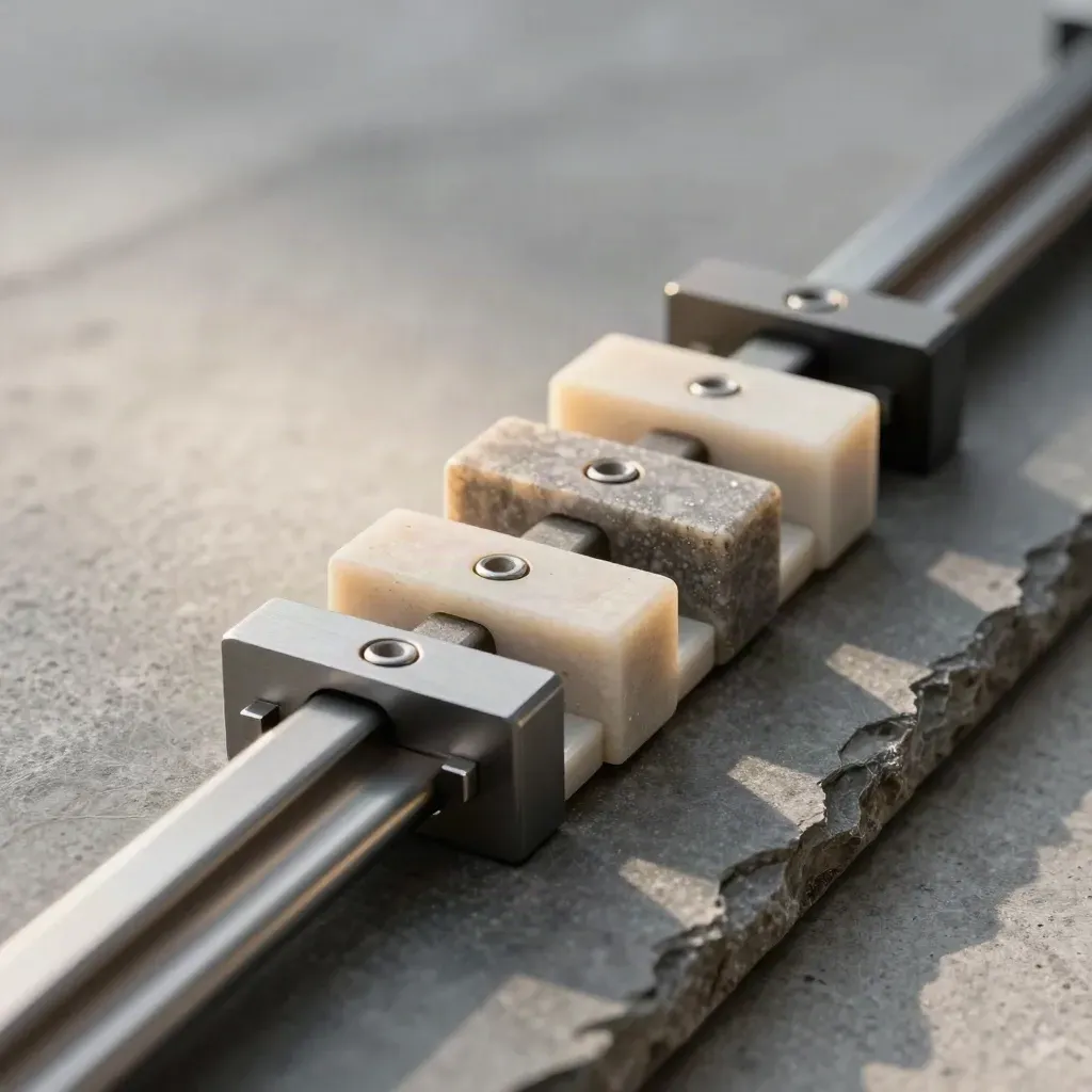 Graphite rails and spacer blocks aligned on a stone slab under raking light.