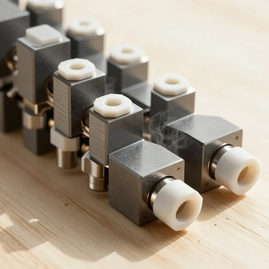 Close-up of modular metal connector plates and pins on pale oak with soft steam