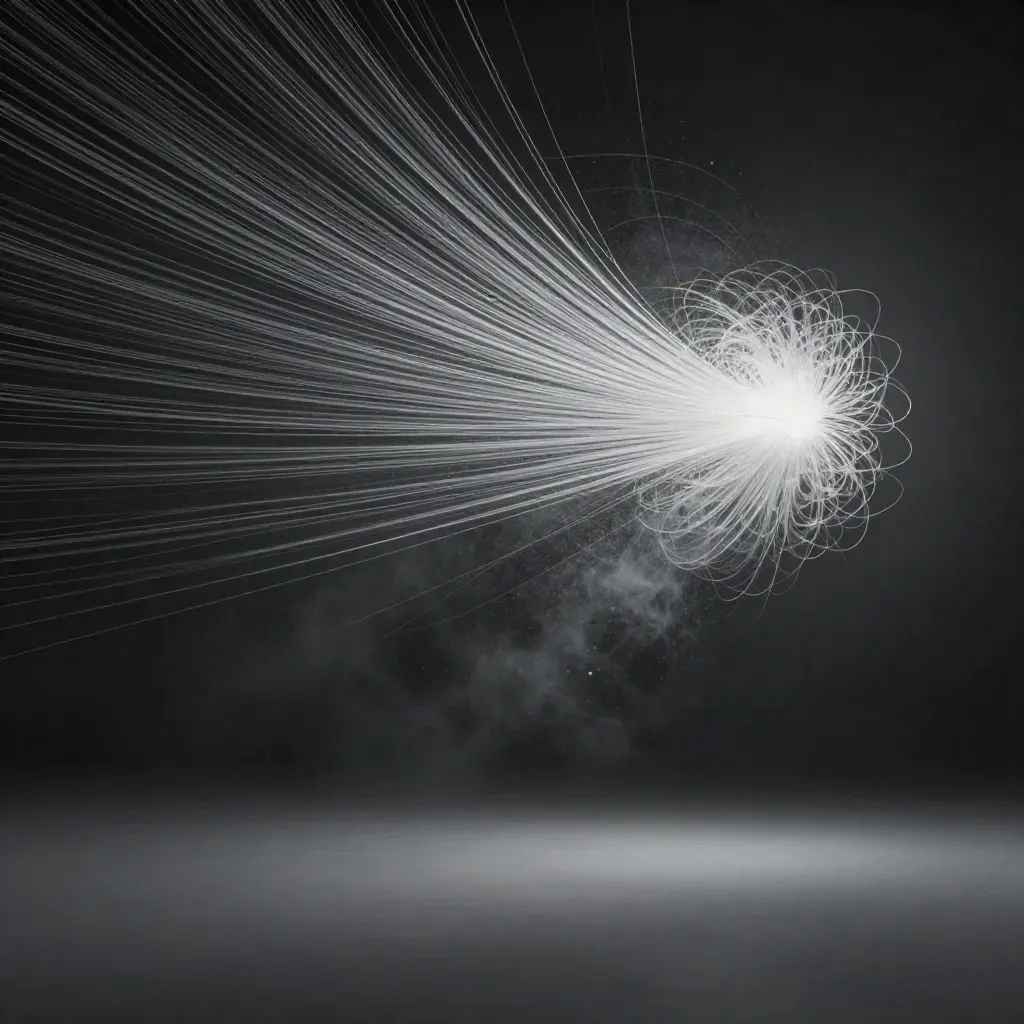 Silver filaments converge into a soft white bloom in dark graphite haze.